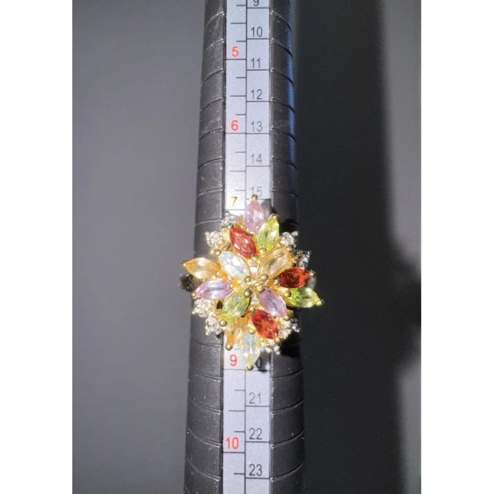Sterling Silver Vermeil Marquise-Cut Multi-Color Gems Vintage Dome Ring Sz 8